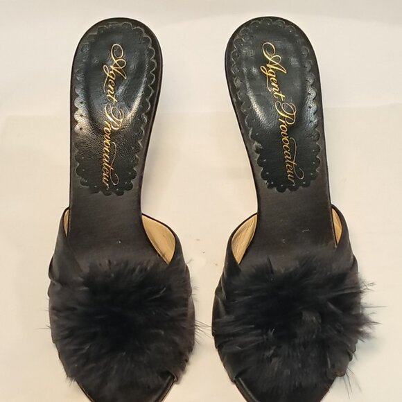 Agent Provocateur Elice Mules Satin 4.5" Stiletto Heels Feathers Black - Picture 2 of 10